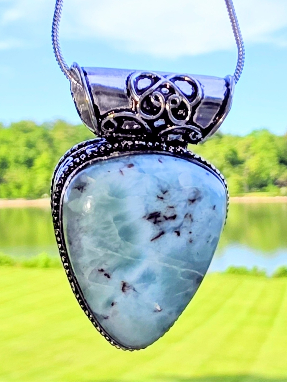 Larimar Gemstone Pendant Necklace In 925 Sterling Silver (1.75")